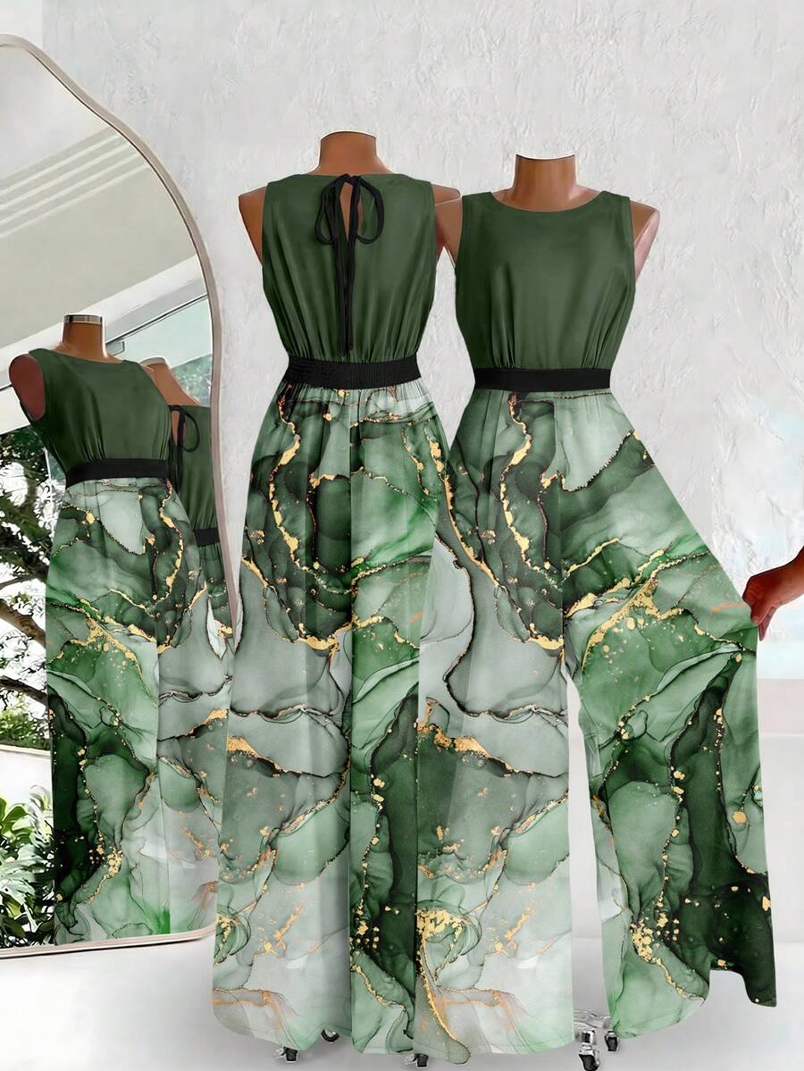 SHEIN Clasi Jumpsuit Wanita Bergaya Retro Elegan Romantis dengan Motif Marmer, Cocok untuk Jalan-jalan, Perjalanan Kerja, Pernikahan, Pesta, Festival, dan Penampilan Chic. - MultiWarna - View 1