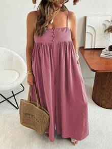 Ceyna Plus Size Women Solid Color Pleated Casual Jumpsuit With Wide Leg - Pink - View 7