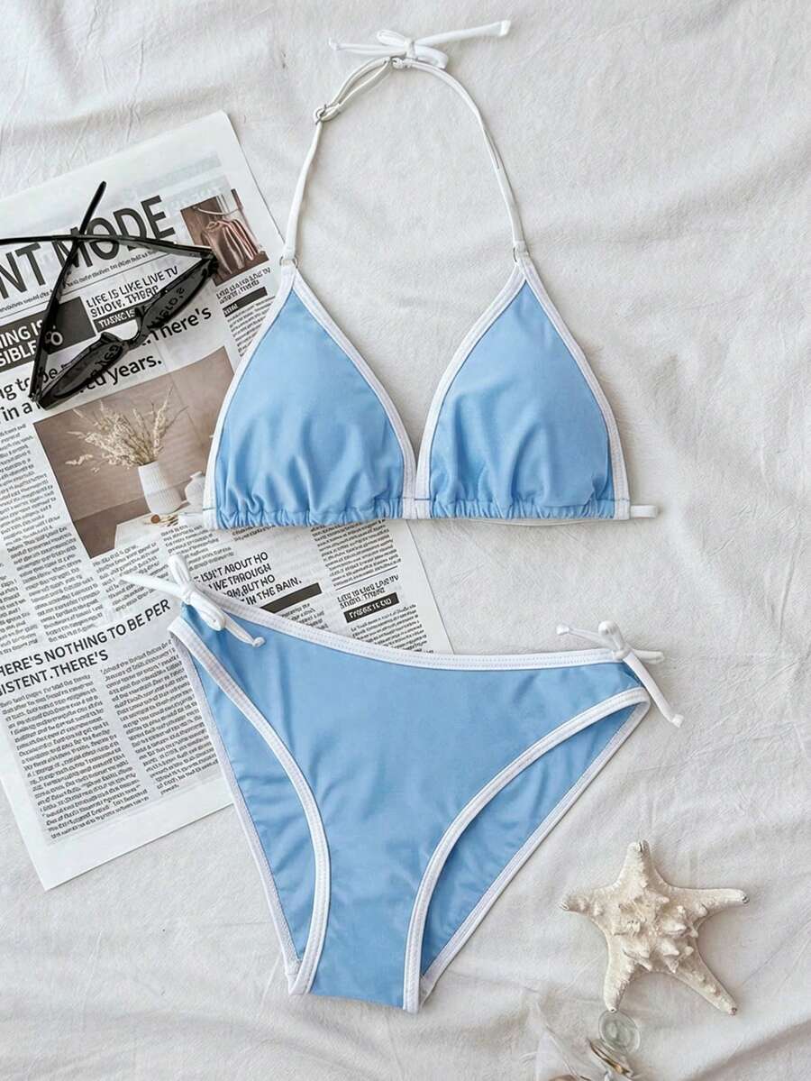 SHEIN Conjunto de bikini de tirantes finos con contraste de color azul marino y blanco, unicolor minimalista para adolescentes. Atuendo casual de playa y vacaciones, nueva llegada de moda de verano - Celeste - Ver 1