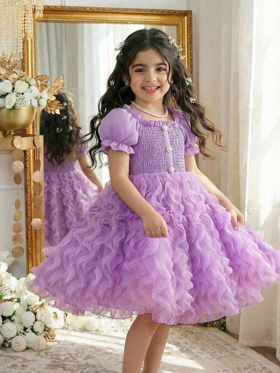 Glamorique Kids 女童甜美优雅薰衣草色短袖连衣裙，春夏泡泡袖荷叶边下摆+珍珠纽扣装饰波浪裙摆，适合日常穿着、派对、聚会等场合。 - 紫色 - 查看 1