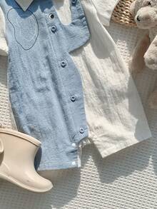 Baby Boy Cute Casual Color Block Cartoon Elephant Pattern Lapel Romper - Blue - View 5