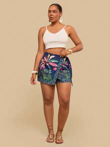 Travachic Quần short đi biển phong cách Bohemian cỡ lớn, thoải mái, có dây buộc và viền bèo nhún dành cho nữ. - Màu xanh lam - Xem 3