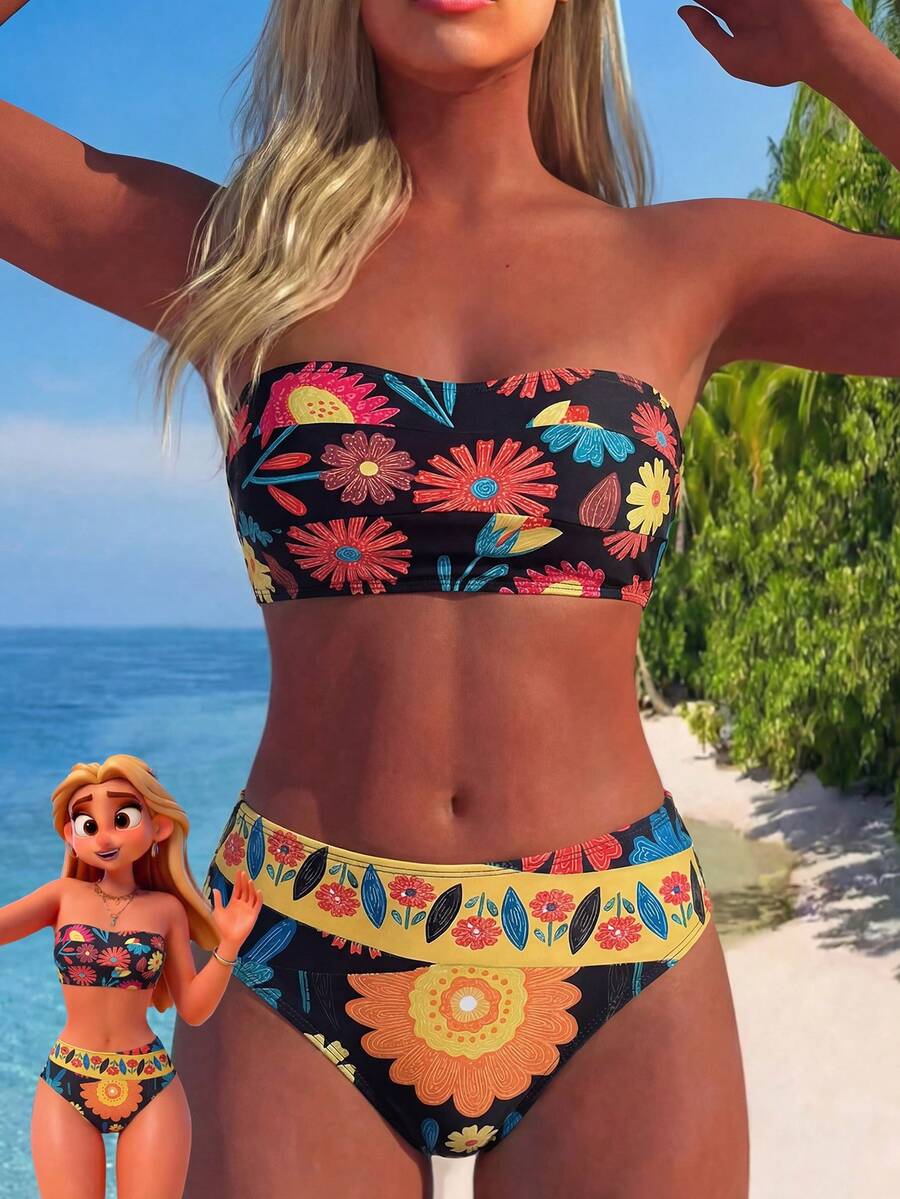 Swim Lushoire Swim Suits For Women Women's Summer Beach Color Block Bandeau Sexy Bikini Set - Multicolor - View 1