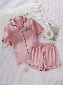 SHEIN Girls Classic Collar Solid Color Pocket Embroidered Short Sleeve Cardigan Matching Shorts Pajamas Set, Comfortable Casual Loungewear - Pink - View 5