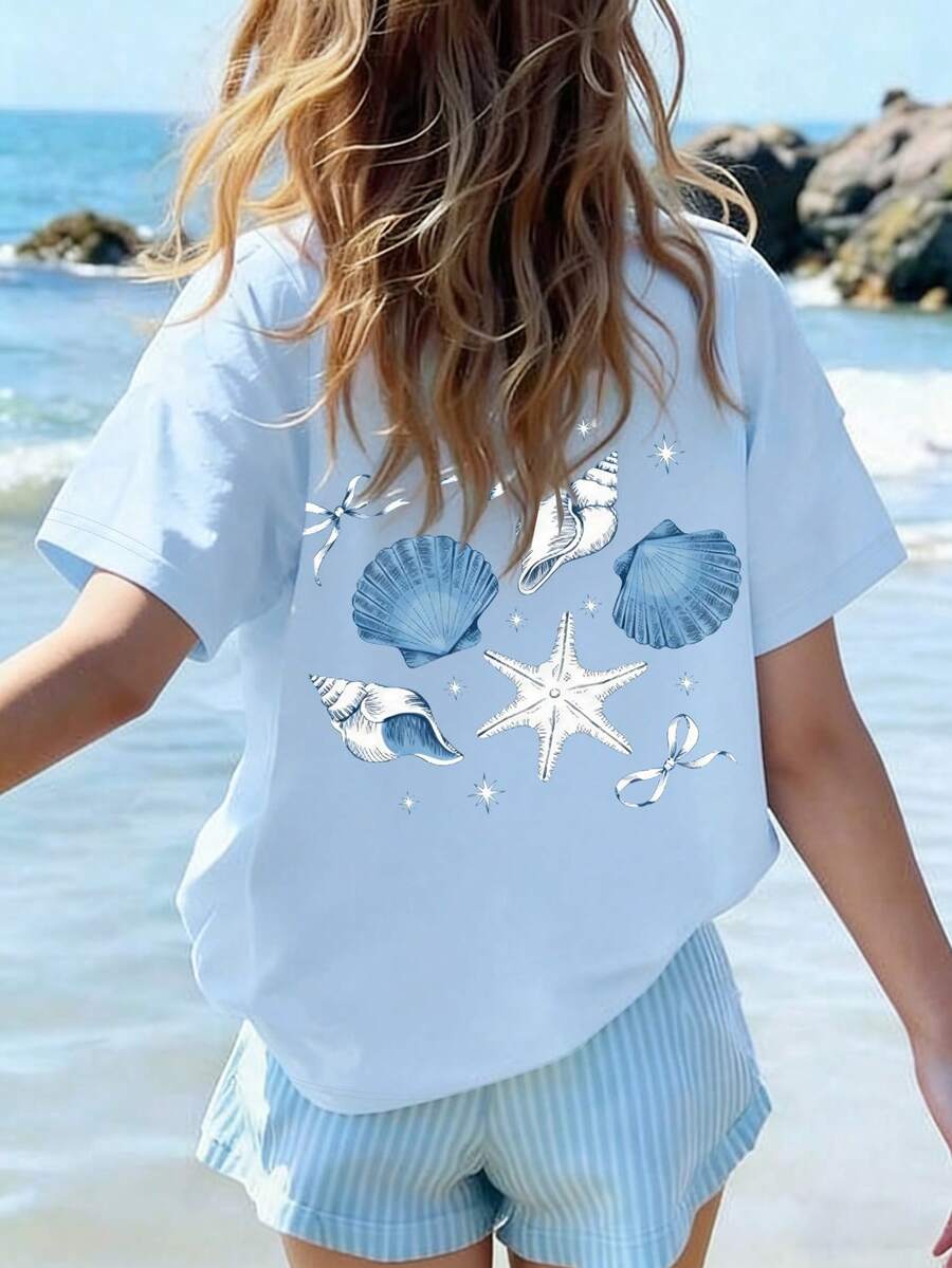Camiseta informal de estampado de conchas para niña preadolescente de vacaciones - Celeste - Ver 1