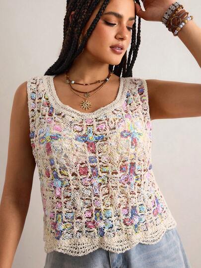 Freevana Handmade Crochet Colorful Openwork Sleeveless Top – Vintage Multicolor Pattern Knit With Round Neck And Wide Shoulder Cut, Breathable Cotton Yarn, Wavy Hem Cropped Vest, Bohemian Women's Summer Casual Top