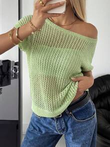 SHEIN EZwear 女士度假休闲纯色镂空肩针织短袖上衣 - 薄荷綠 - 查看 6