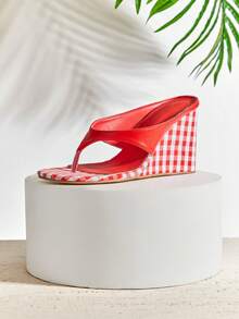 Solezae Sandal đế xuồng xỏ ngón họa tiết kẻ caro thanh lịch, kiểu dáng thường ngày dành cho nữ. - Đỏ - Xem 7