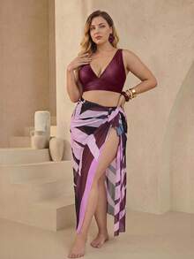 Swim Oasis Plus rozmiar Jednokolorowe bikini z biustonoszem, kąpielówkami i wiązana spódnicą na wakacje na plaży, 3 szt., letnia plaża - Fioletowy - Zobacz 6