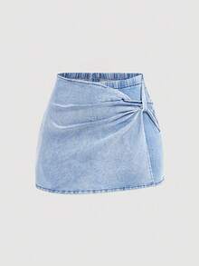 SHEIN PETITE CURVE Plus Size Women Blue Denim Elastic Skinny Shorts Jorts - Light Wash - View 4