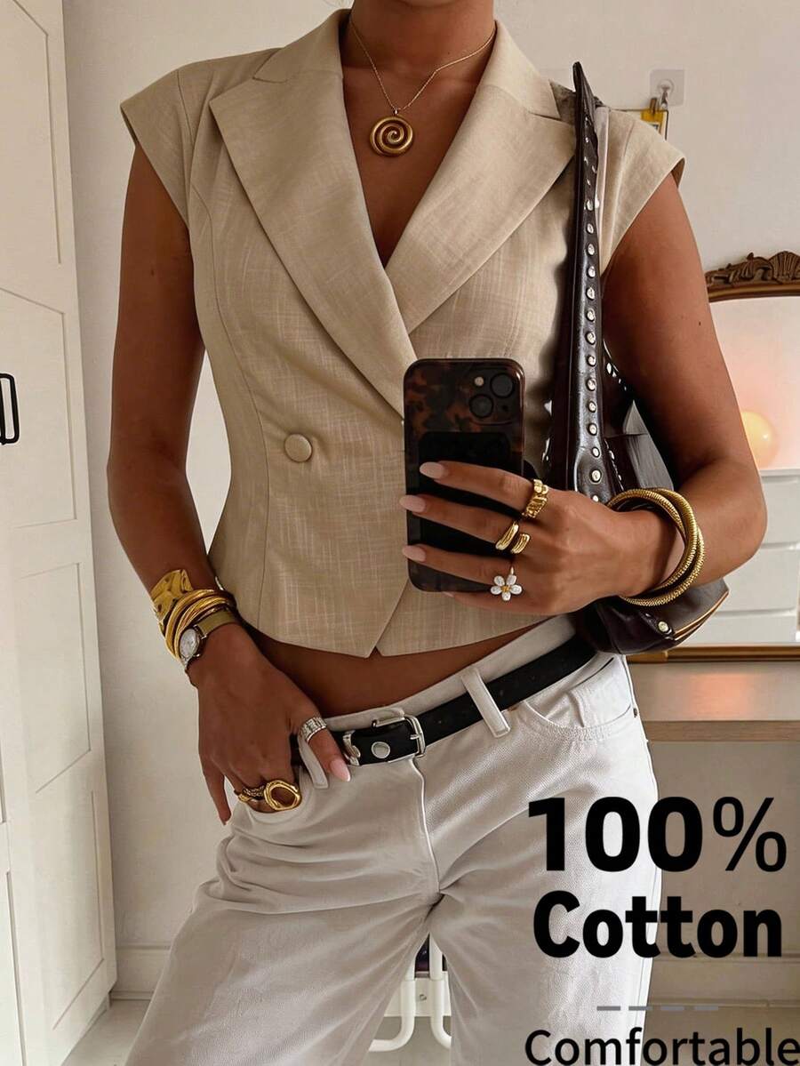 Firerie Áo blazer nữ thanh lịch, tối giản, kiểu dáng thường ngày, phù hợp đi làm, không tay, cổ ve áo, cài nút, màu mơ, tay ngắn.