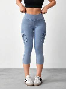Flexra 3/4 Length Denim Cargo Pocket Skinny Jeggings Everyday Light Blue Summer Casual - Blue - View 6