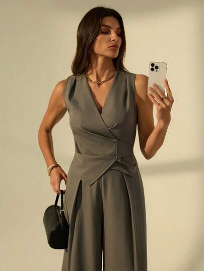SHEIN Tall Bộ vest và quần ống rộng màu trơn xếp ly dành cho nữ, thích hợp đi làm công sở, mùa xuân/hè.