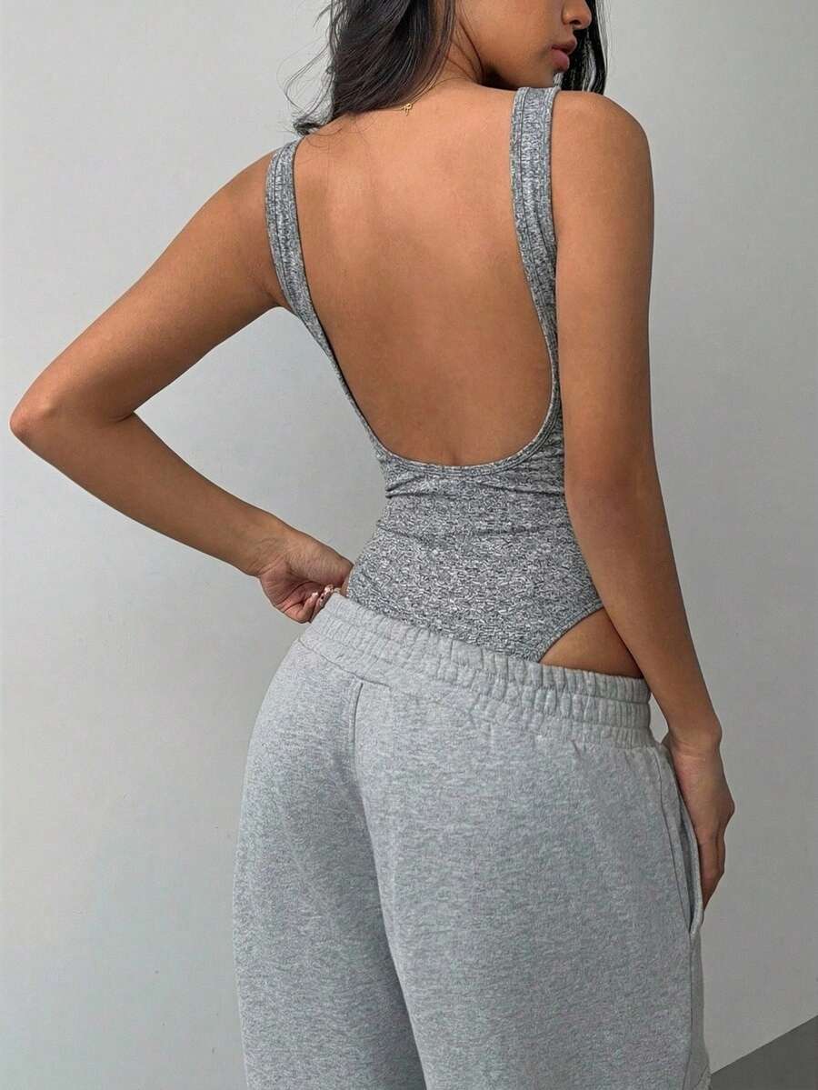 SHEIN BASICS Casual Solid Color Knit Backless Bodysuit For Women/Summer Gym Bodysuits For Woman Yoga Bodysuit Push Up Body Suit