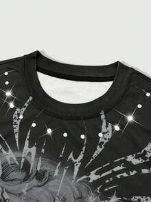 ROMWE MEN Street Life Camiseta de manga corta con cuello redondo, decorada con estampado de ángel y cristales para hombres - Multicolor - Ver 4