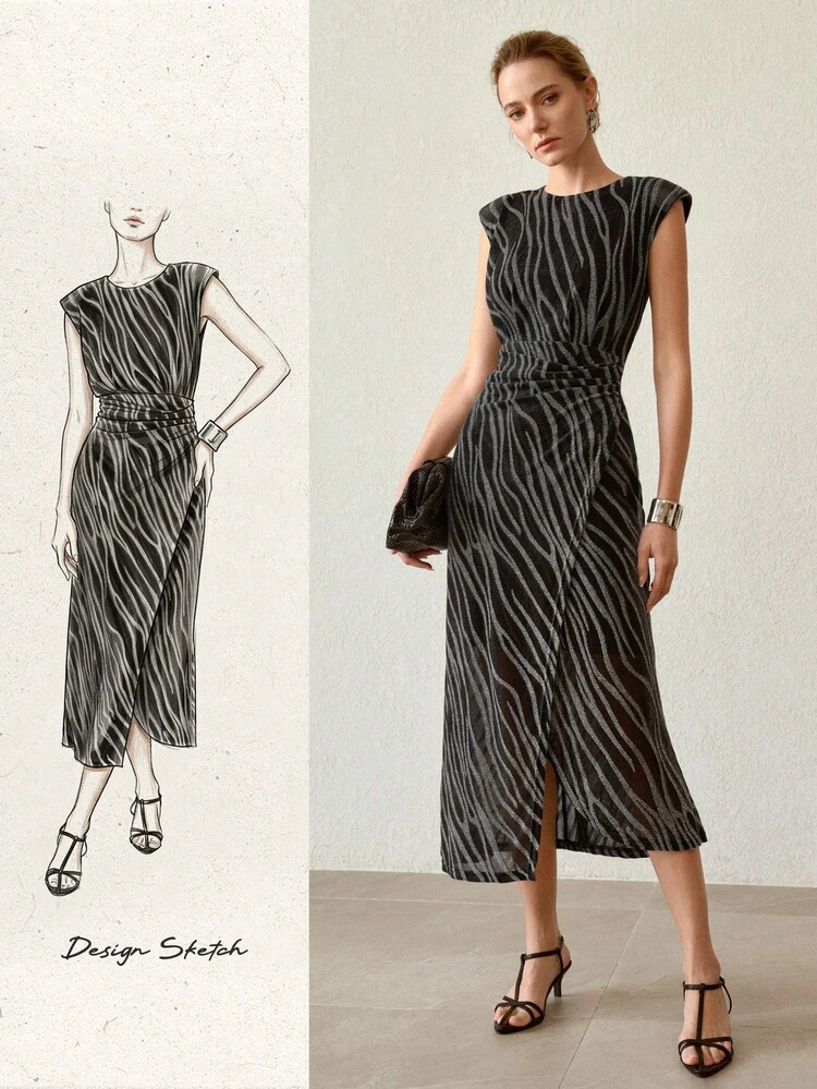 WOMEN'S ROMANTIC PLEATED WAVE FOIL TEXTURE DRESS