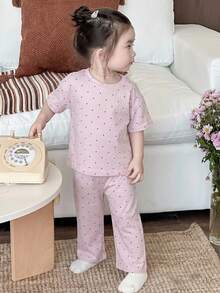 Dazy Kids 2件組女嬰休閒圓領T恤與格紋長褲居家服套裝 幼兒夏季 - 淺粉色 - 查看 3