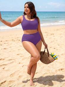 SHEIN Swim Lushore Plus Size Solid Color Bikini Set, Suitable For Beach Vacation - Purple - View 3