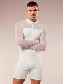 FeverCity 男士时尚性感网纱拼接拉链连体裤 - 白色 - 查看 6