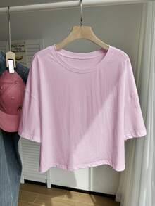SHEIN Comfortcana Plus Size Casual Drop Shoulder Short T-Shirt, Solid Color - Mauve Purple - View 3