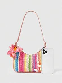 ROMWE Fairycore A Set Of Floral Crocheted Beach Handbags And Accessories, Stylish Personalized Beach Resort Style Shell Lace Lady Messenger Bag - Straw bag rainbow pink - View 3