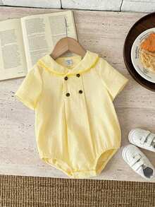 SHEIN Bộ áo liền quần tay ngắn cổ Peter Pan kẻ sọc xanh trắng dễ thương kiểu Anh cho bé trai/bé gái sơ sinh, thích hợp cho mùa xuân/hè. - Màu vàng - Xem 4