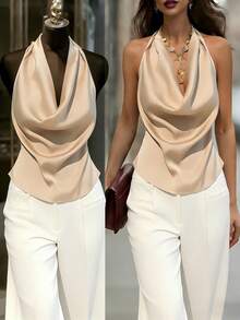 Ellegaria. 女士时尚缎面亮面垂褶露背蝴蝶结系带吊带背心，流畅垂褶优雅小众设计奢华无袖上衣 - 香檳色 - 查看 1