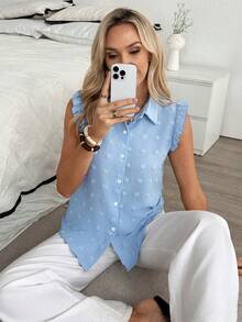 Louniche French Elegant Ruffle Sleeveless Blouse Baby Blue Shirt Button Up Top Baby Blue Top Women Women Shirts For Summer Light Blue Blouse Baby Blue Blouse Button Up Blouse Button Up Tops Womens Work Shirts Work From Home Outfits Womens Tops And Blouses Work Blouses Work Outfits Women - Blue - View 4