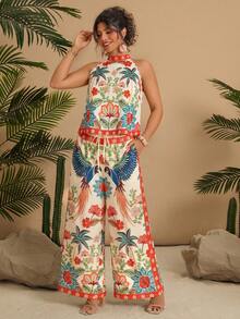 Travachic Plus Size Women Palm Tree Print Halter Top And Wide Leg Pants Casual 2 Pieces Set - Multicolor - View 5