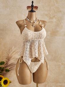 Swim Mod Bộ bikini mùa xuân/hè mới, kiểu dáng gợi cảm, dễ thương, ngọt ngào, chất liệu vải có họa tiết hoa, viền hoa, thích hợp cho kỳ nghỉ biển. - Màu be - Xem 4