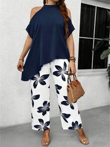 EMERY ROSE Women's Fashionable Off-Shoulder Casual Suit For Summer - Blue and White - View 3