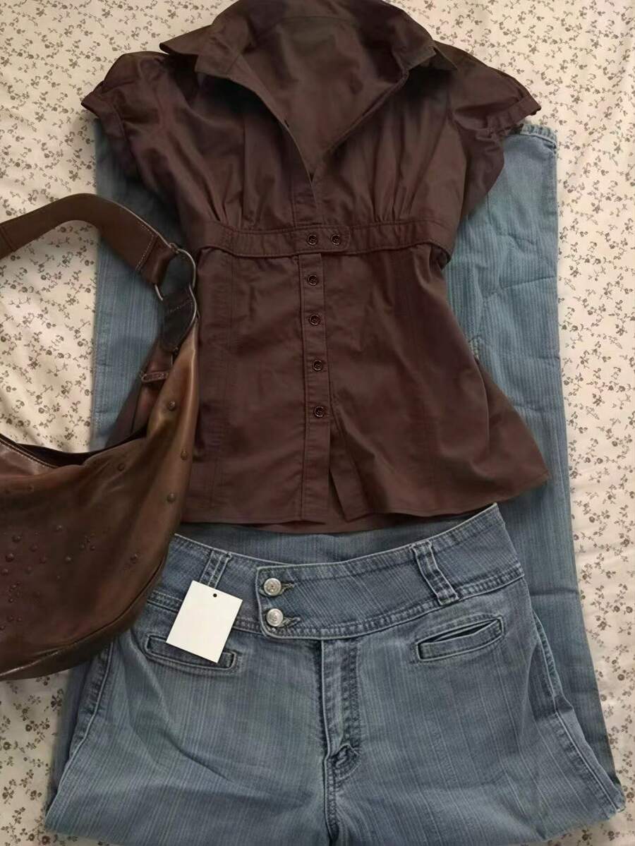 Women's Single-Breasted Pleated Casual Versatile Daily Wear Shirt - Coffee Brown - View 1
