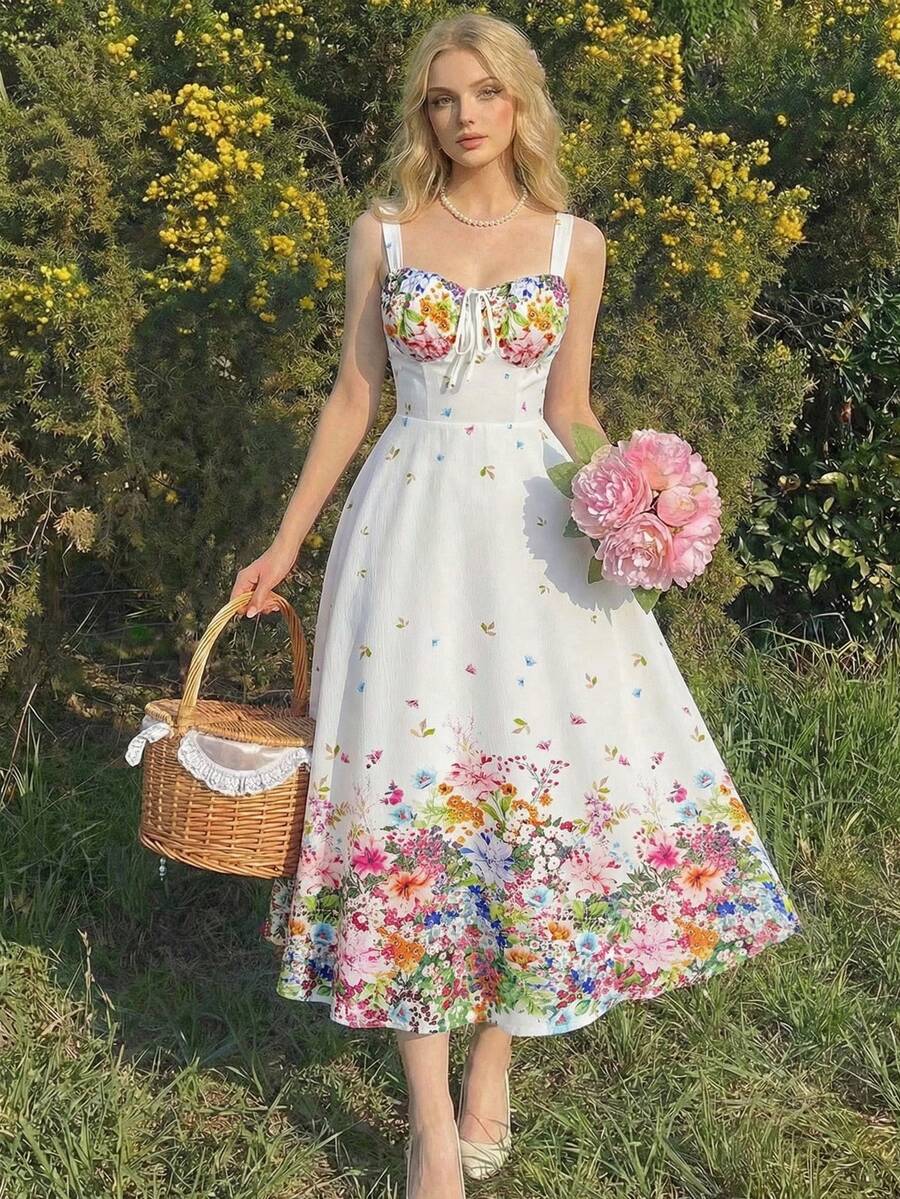 SHEIN MOD Đầm hai dây xếp ly in hoa nhiều màu sắc với nơ – Phong cách lãng mạn mộng mơ, đầm mùa hè và mùa xuân dành cho nữ, thích hợp cho hẹn hò, dự tiệc, nghỉ xuân, du lịch, dã ngoại, lễ hội, sinh nhật. - trắng - Xem 1