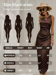 SHEIN PETITE Đầm midi không tay màu nâu chấm bi kiểu Pháp cổ điển, thiết kế xếp ly ở eo, thanh lịch và tôn dáng. - màu nâu - Xem 3