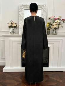 Yasmyna Women's Solid Color Contrast Lace Lantern Sleeve Elegant Arabic Style Dress - Black - View 5
