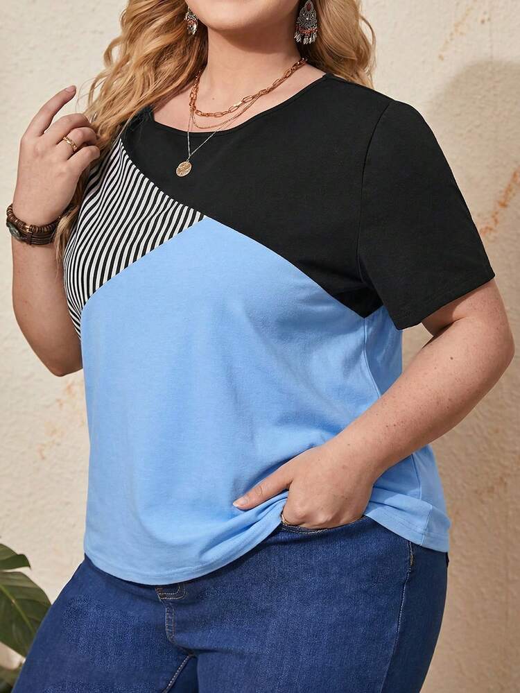 Plus Size Striped & Colorblock Print Round Neck Casual Short Sleeve T-Shirt Women Plus Size Tops Women's Tops For Summer Summer Dress Summer Outfits For Women Spring Clothing Spring Outfit Beach Outfits For Women Vacation Outfits Women Summer Holiday Outfits Country Style For Women Summer Tops