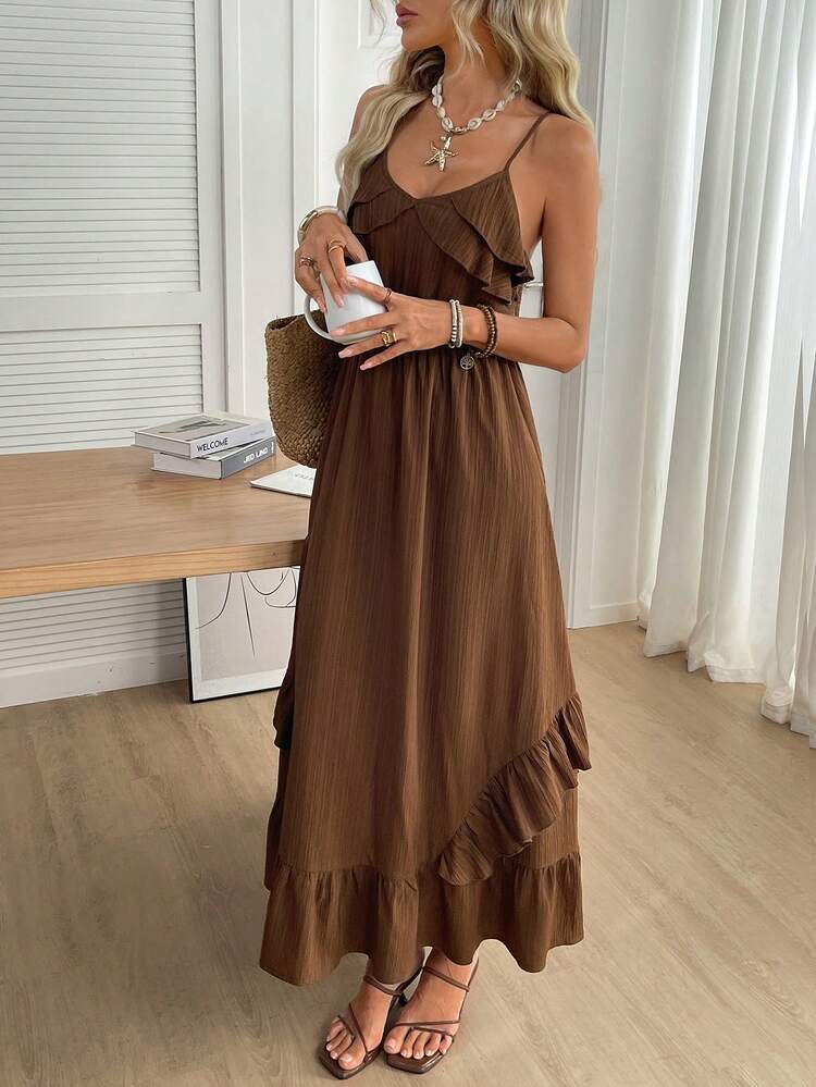 SHEIN LUNE Women's Casual Solid Color Ruffle Tie Bow Sleeveless Long Dress, Suitable For Vacation, Commute, Daily Wear Cute Summer Dress For Women Brown Beach Dress Marbella Outfit Inspo Vacation Outfits Woman Dress Summer Outfits Dress One Piece Dress Summer Long Spring Outfits For Women Dresses Zanea Dress For Woman Resort Wear Women Vacation Dress New Arrival Dress For Women Casual Summer Outfits  Summer Outfit For Women Vacation Outfits Women Summer Holiday Outfits Casual Dress For Women - Brown - View 6