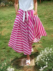 SHEIN Essnce Women's Summer Casual Elegant Pink And White Striped Maxi Skirt High Waist A-Line Holiday Beach Vacation Long Skirt With Pockets Women's Skirt Pink White Picnic Skirt - Pink - View 6