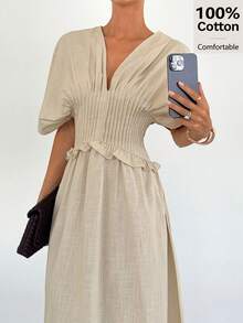 Siren Gaze 女士深V领褶皱连衣裙，婚礼宾客礼服，婚礼季伴娘礼服，正式礼服，休闲度假装 - 杏色 - 查看 1