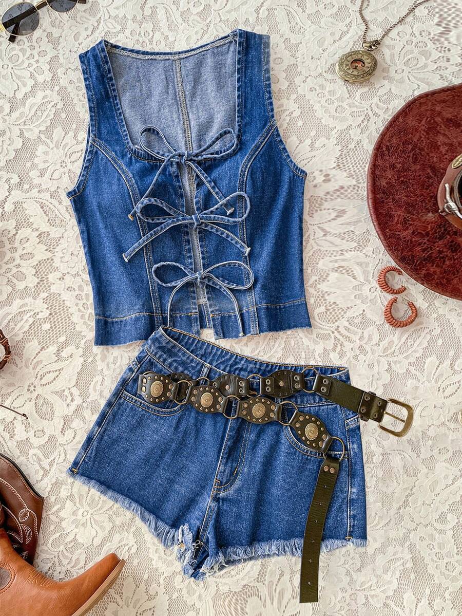 Soleia Beach Outfit For Women Summer Outfits  Vacation Outfits Women Women's Casual Tie-Up Vest And Denim Shorts Set, Summer - Blue - View 1