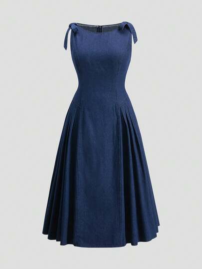 Comfortcana Plus Size Women's Summer Elegant Solid Color Sleeveless Denim Dress With Shoulder Knot, Waist Cinched And Pleated Hem