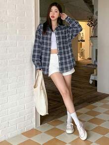 DAZY 女士休闲格子前开襟长袖衬衫，春季款 - 藏蓝色 - 查看 4