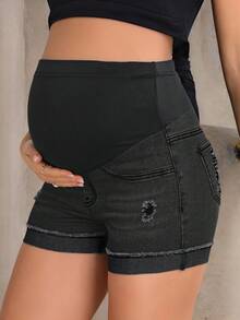 SHEIN Maternity Casual Washed Distressed Skinny Denim Shorts - Black - View 3
