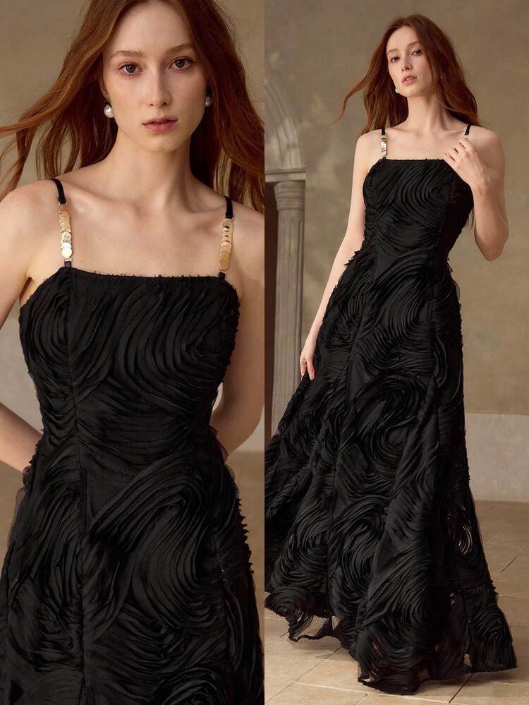 WOMEN'S METAL DETAIL SPAGHETTI STRAP TEXTURED LONG DRESS, AUTUMN/WINTER