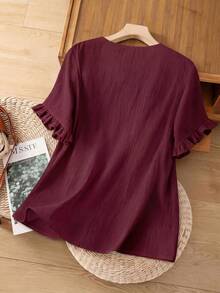Linhara Plus Size Women Casual Minimalist Countryside Style Small V-Neck, Cotton Embroidered Fashion Ruffle Cuff Loose Blouse - Burgundy - View 2