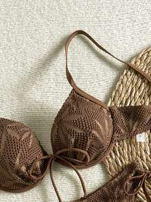 SHEIN Swim Women's Brown Grid Underwire Bikini Set,Adjustable Spaghetti Straps,High-Cut Tie-Side Design,Backless Summer Casual Beach Holiday Vacation Bikini - Brown - View 6