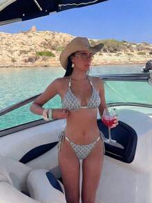 Swim Vcay Bộ bikini tam giác cổ yếm bằng vải dệt họa tiết, trang trí ngọc trai, dành cho nữ, mùa hè. - Đen và trắng - Xem 1