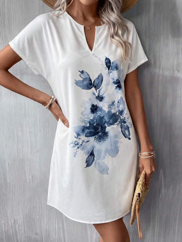 Women's Casual Floral Print Notch Neck Dress, Summer Summer Dresses For Women Summer Outfits For Women Casual Dresses For Women Casual Women's Dresses Vacation Dresses Vacation Outfits For Women Holiday Outfits For Women Summer Holiday Outfits Dresses For Holiday