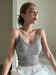 DAZY Women Lace Trim Casual Versatile Daily Wear Camisole Top - Grey - View 2