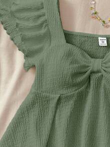 SHEIN Áo thun dệt kim jacquard tay bèo, kiểu dáng ngọt ngào, thoải mái, phù hợp cho nữ tuổi teen mùa hè, mặc nhà, dễ thương, thích hợp cho các bữa tiệc, ngày Valentine. - màu xanh lá - Xem 4